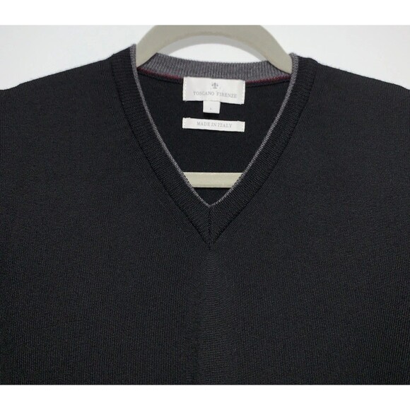 Toscano Firenze Sweater Pullover Mens Large Black 100% Wool Merino Knit V-neck - Picture 2 of 7